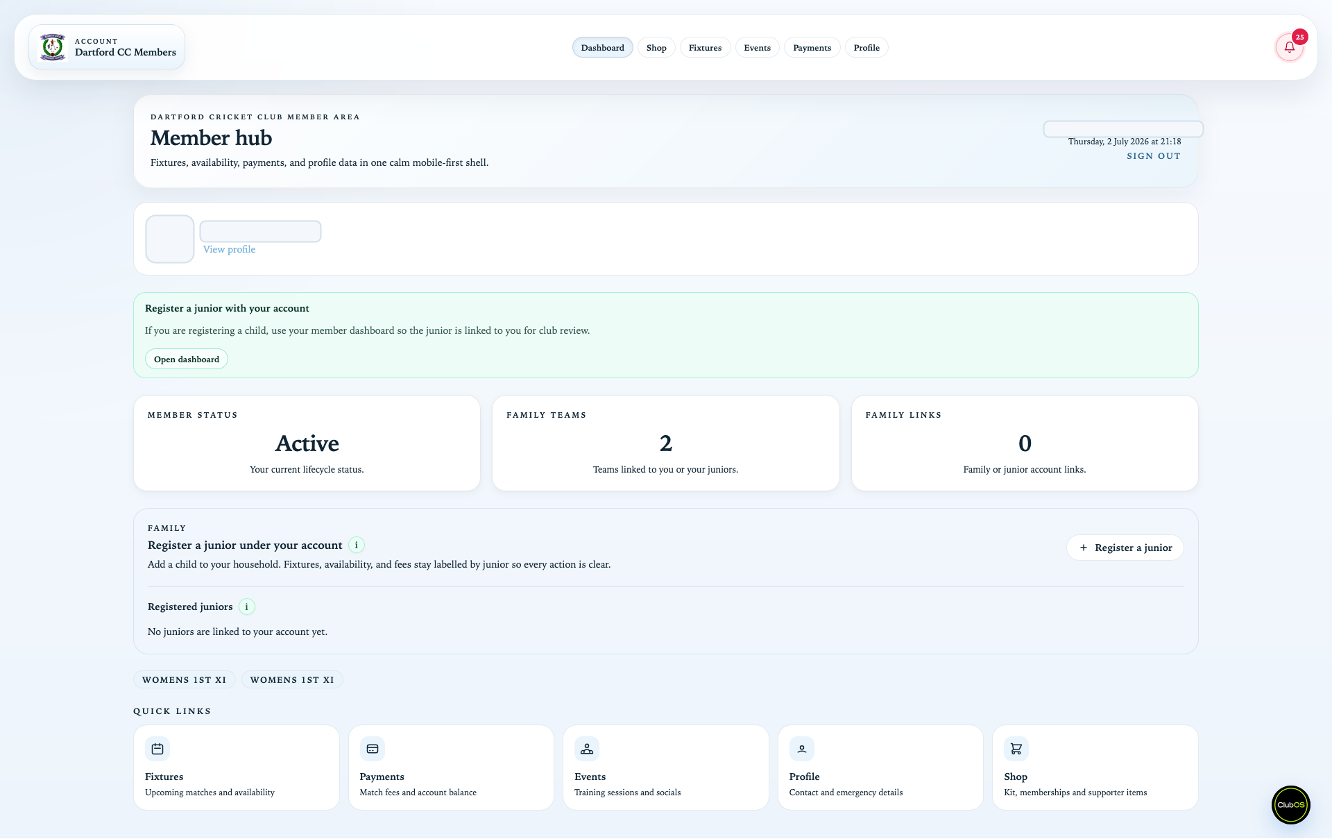Redacted member hub after activation showing active lifecycle status and quick links