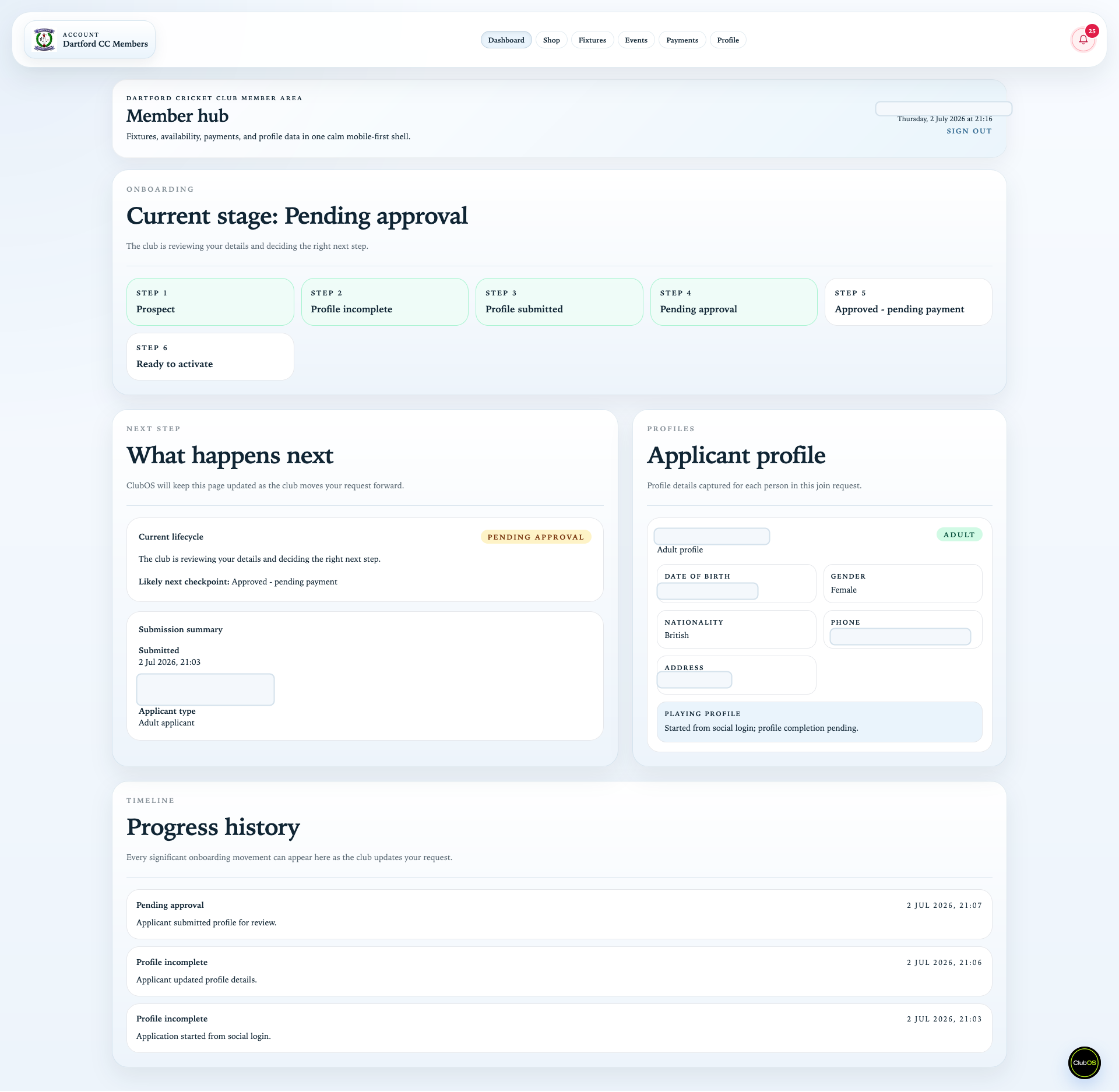 Redacted member onboarding profile showing pending approval stage and applicant profile details